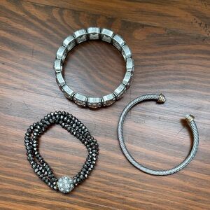 Elegant Silver-Tone Trio: Beaded Bracelet, Crystal Stretch Bangle & Cable Cuff